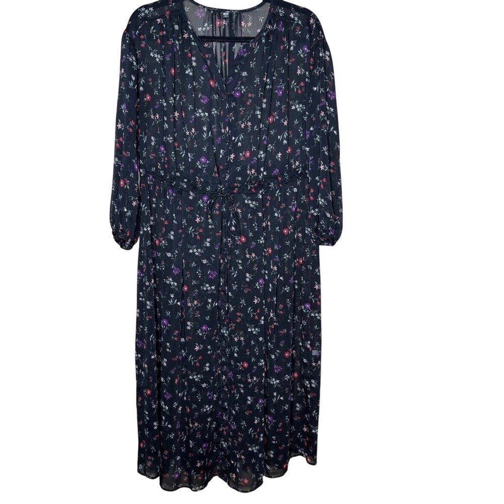 Uniqlo Black Floral Sheer Midi Dress Size Small Button Front Drawstring Waist